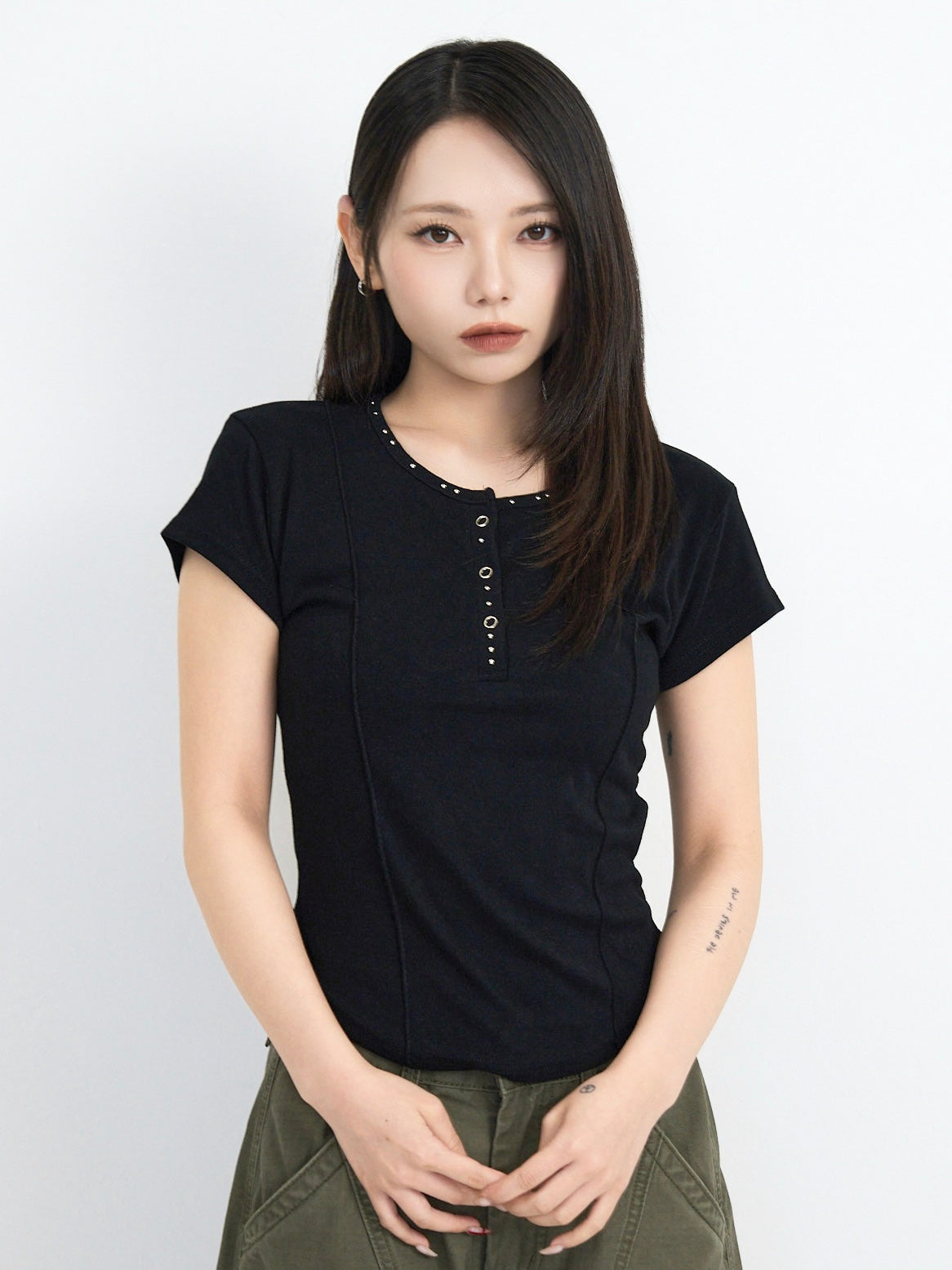 cropped stud henley tops