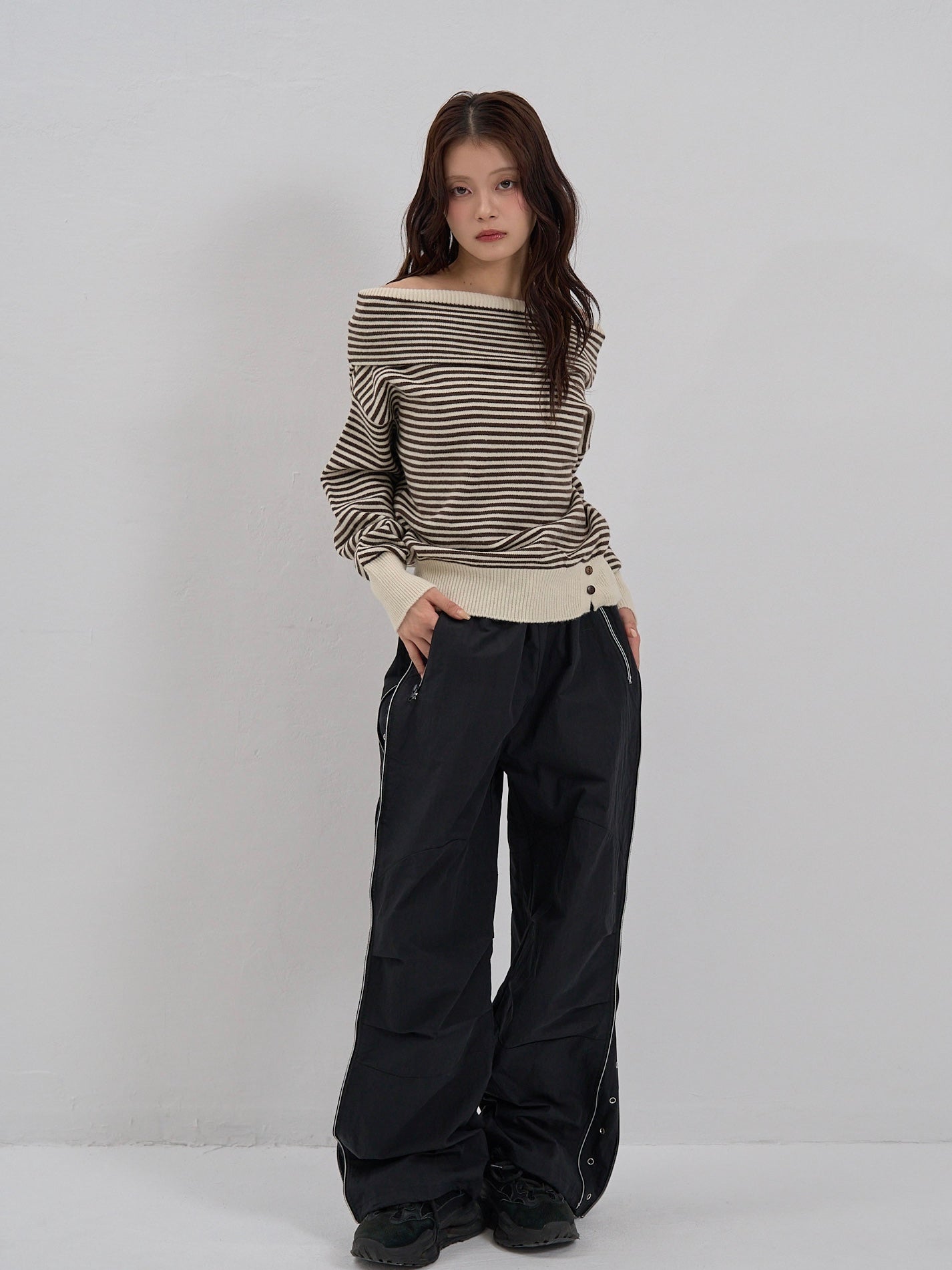 striped off shoulder knit