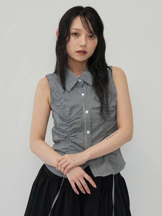 shirring check halter tops