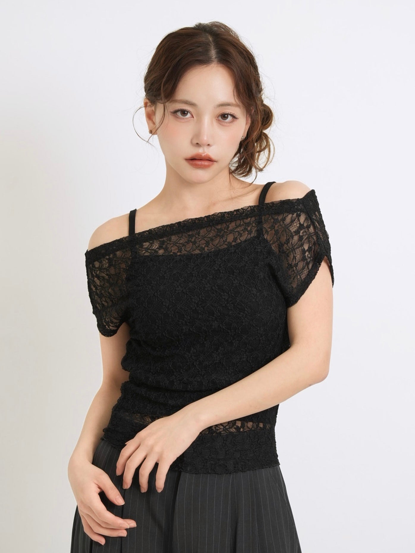 lace shirring off shoulder tops