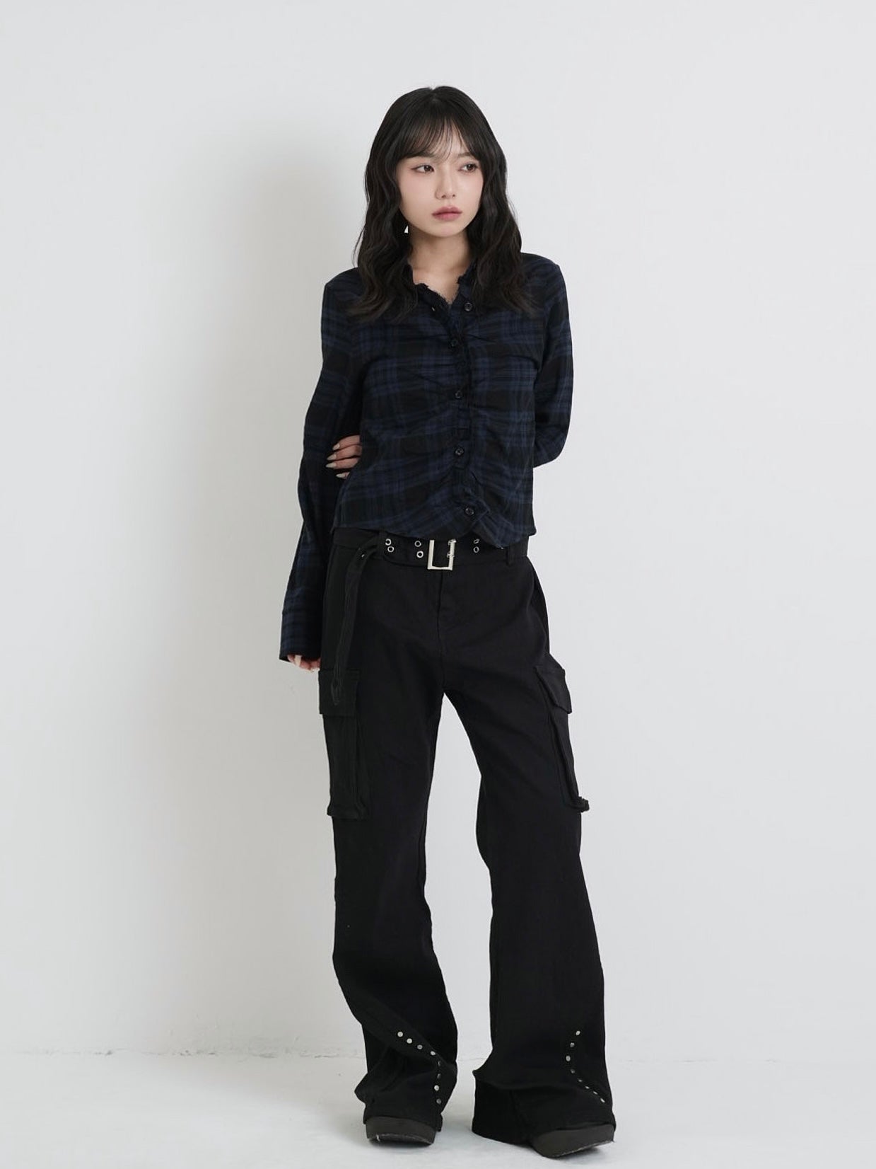 check frill blouse shirt