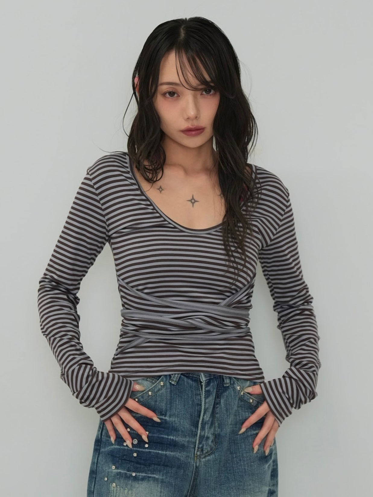 stripe waist wrap tops