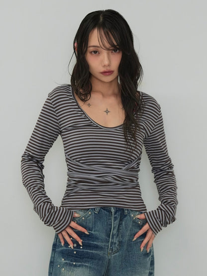 stripe waist wrap tops