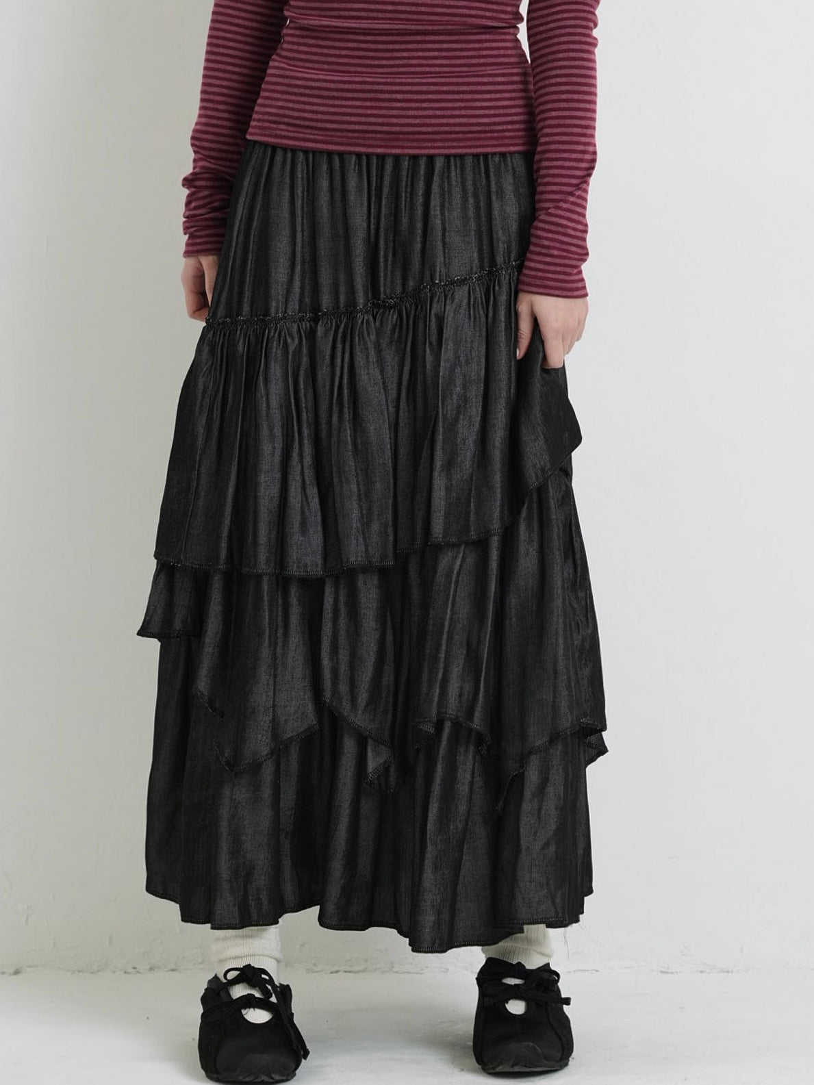 volume denim tiered skirt