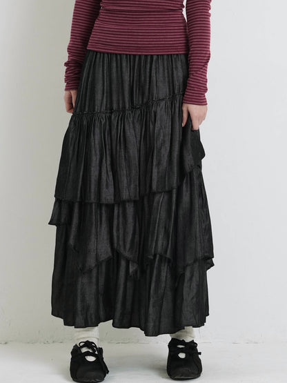 volume denim tiered skirt