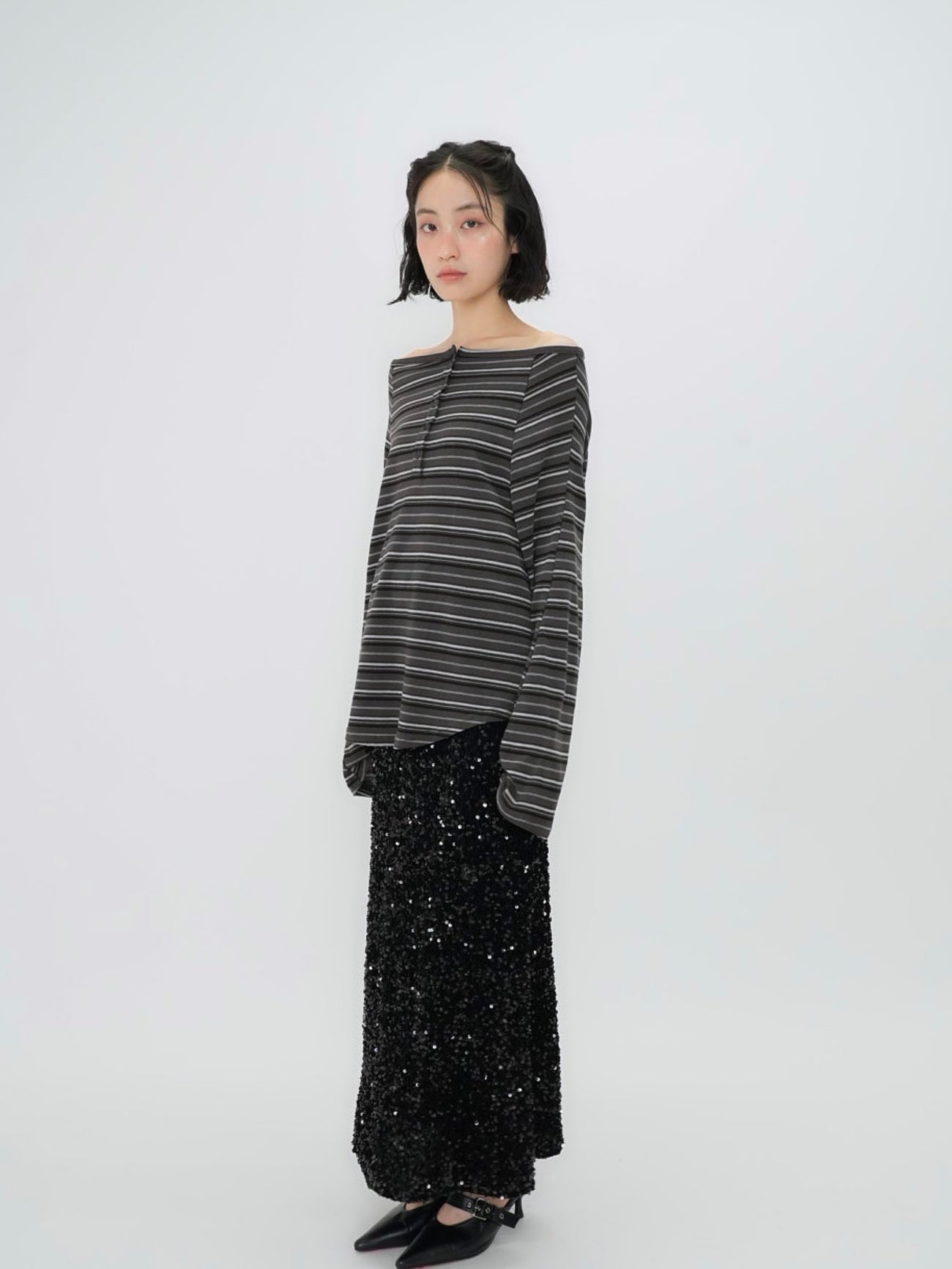 stripe button off shoulder t