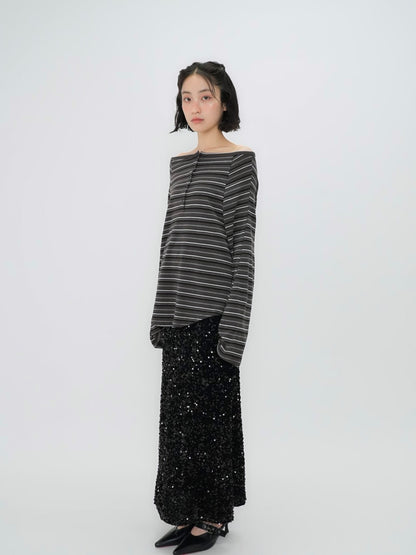stripe button off shoulder t