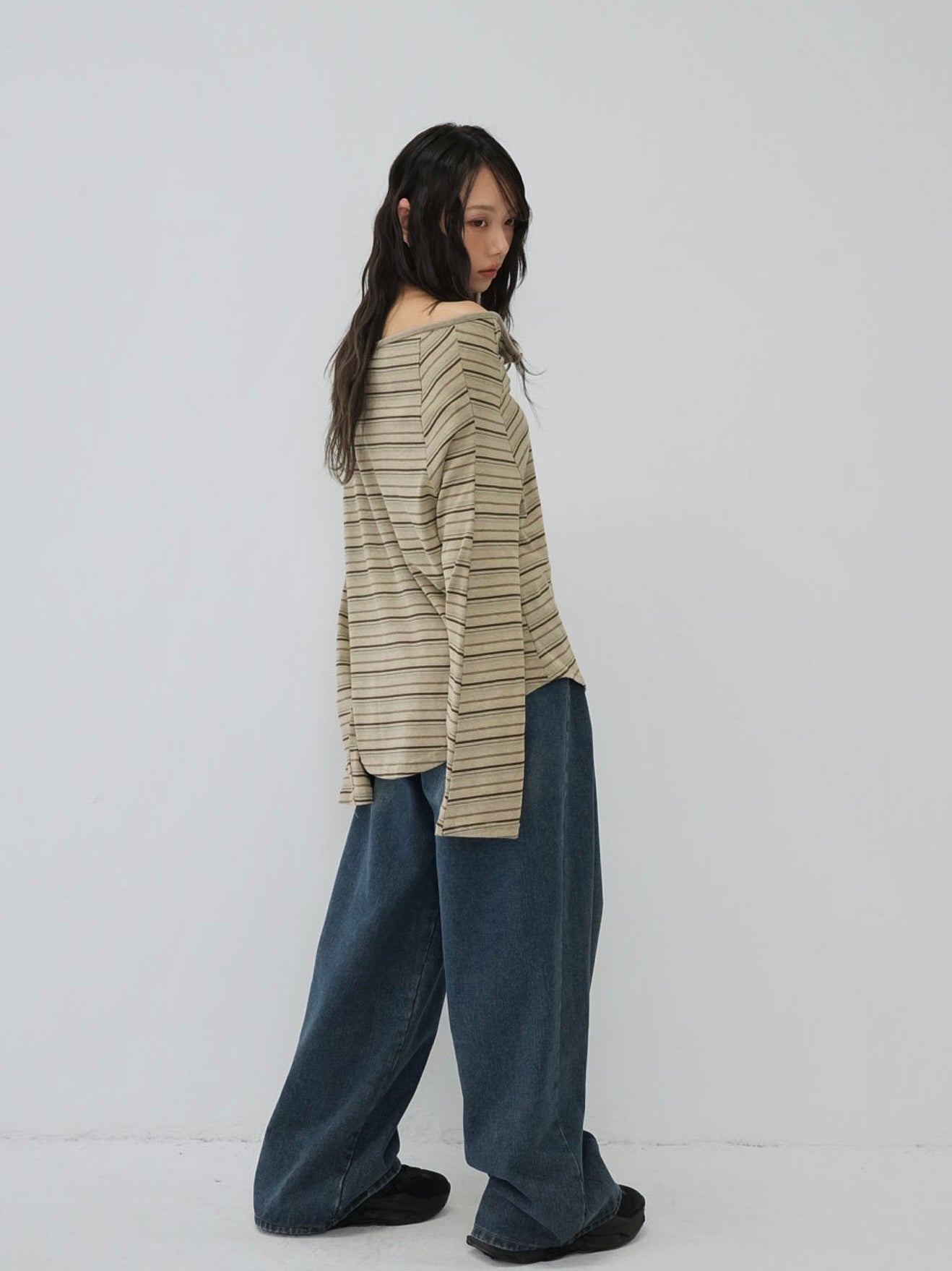 stripe button off shoulder t
