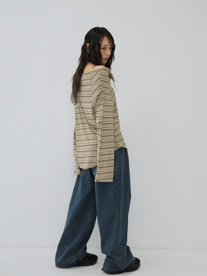 stripe button off shoulder t