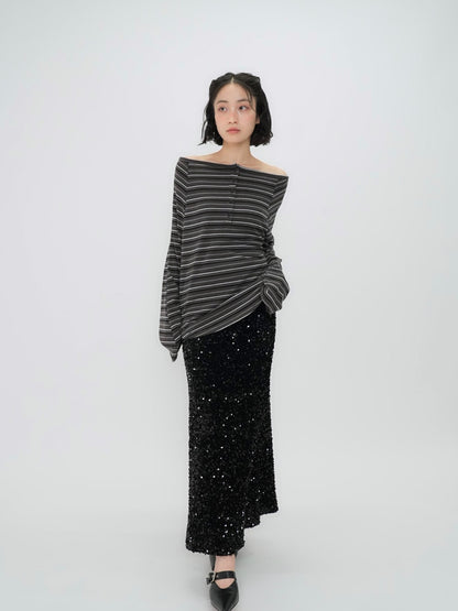 stripe button off shoulder t