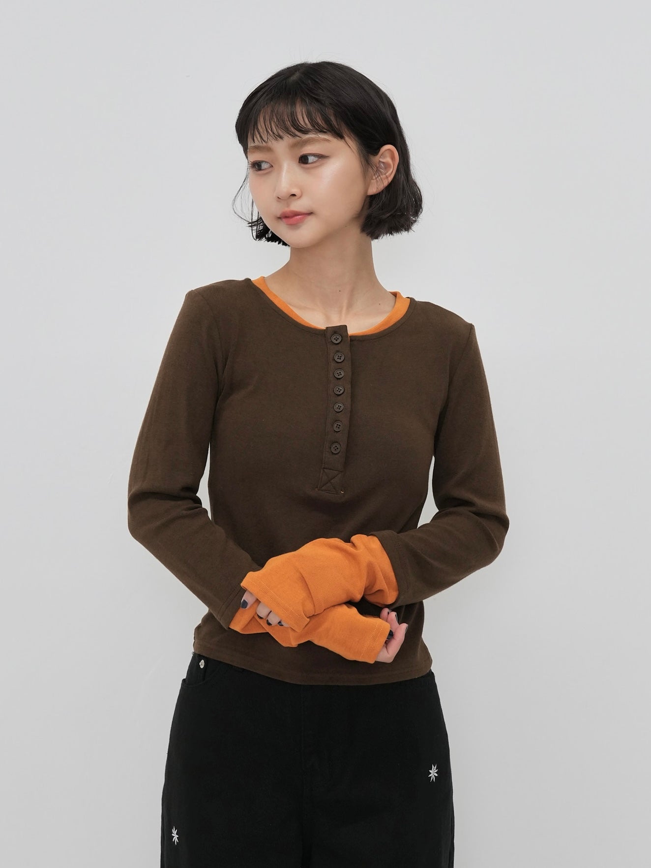 half button bicolor tops