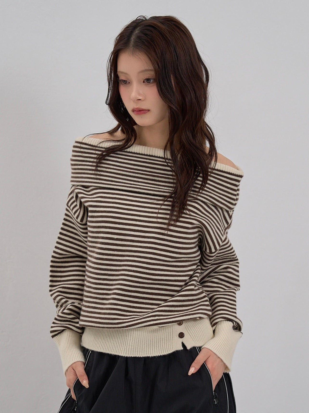 striped off shoulder knit