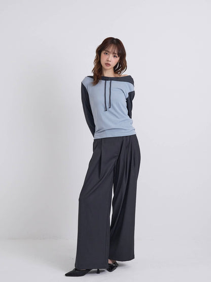 contrast off shoulder hooded tops