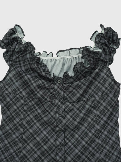 check frill sleeveless blouse