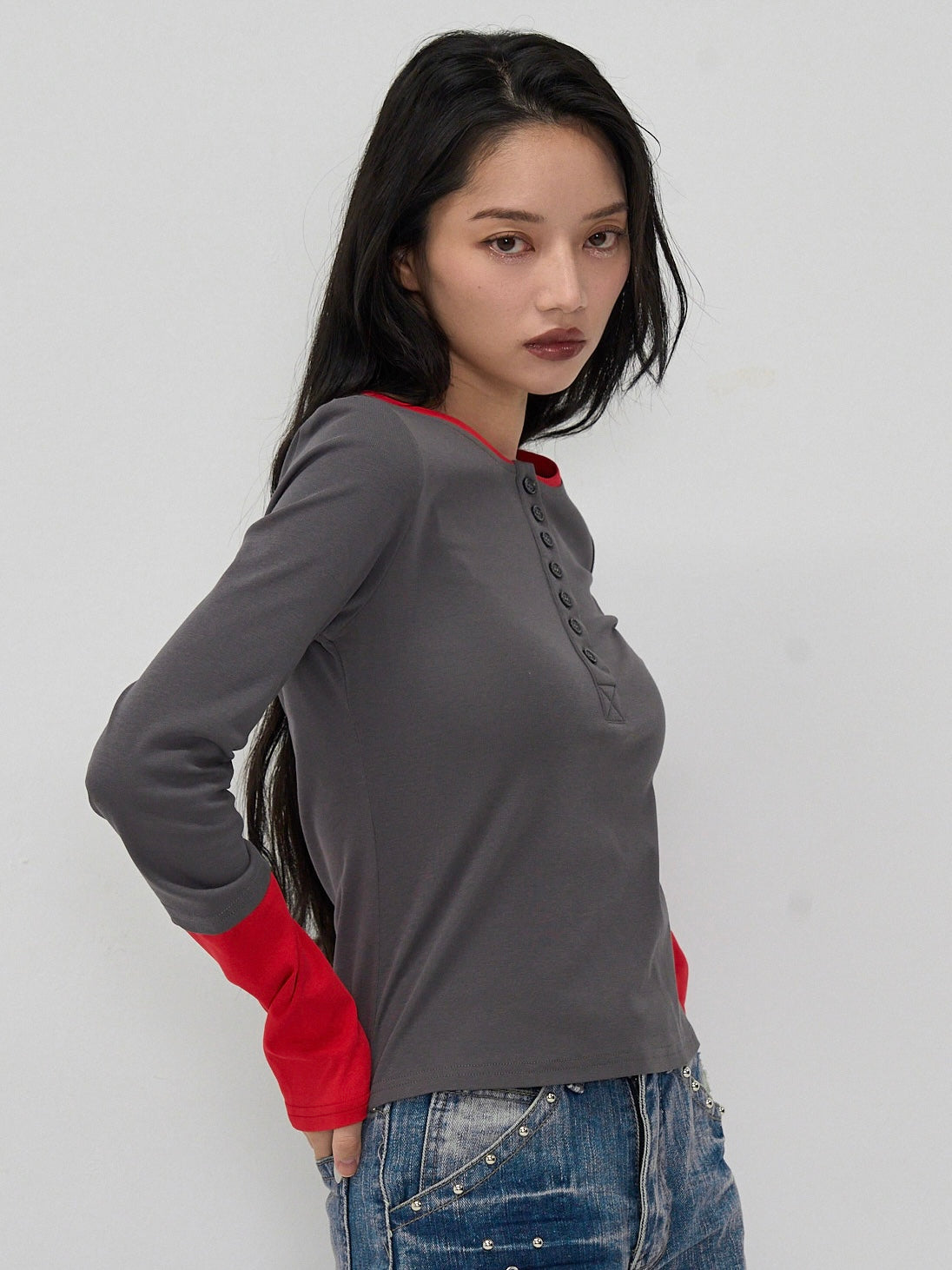 half button bicolor tops #3