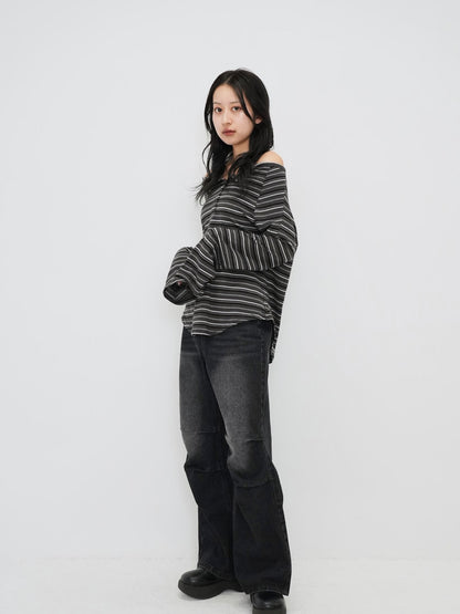 stripe button off shoulder t