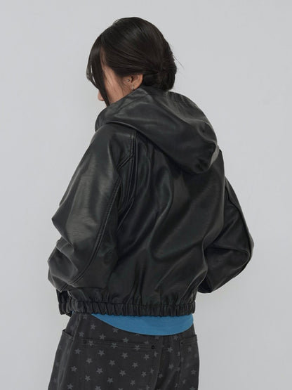 cropped hooded leather jacket