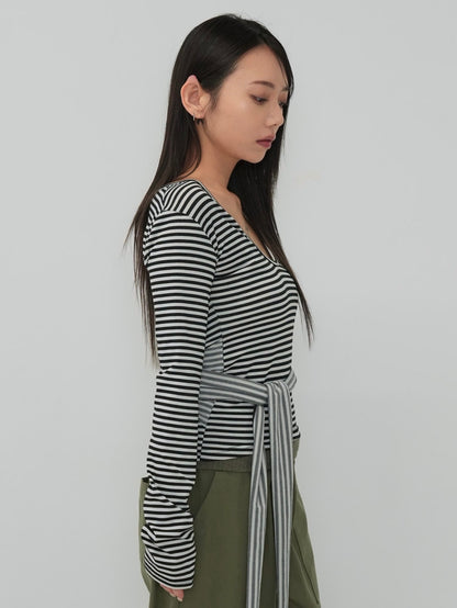 stripe waist wrap tops