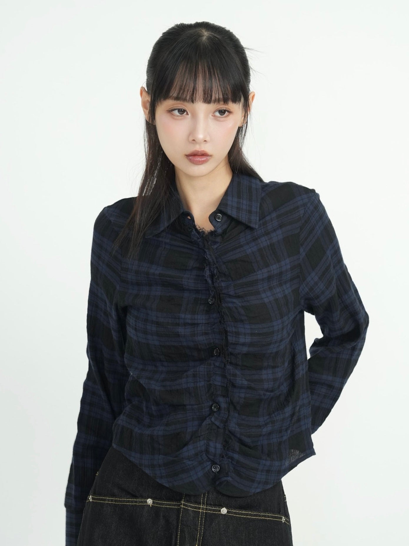 check frill blouse shirt