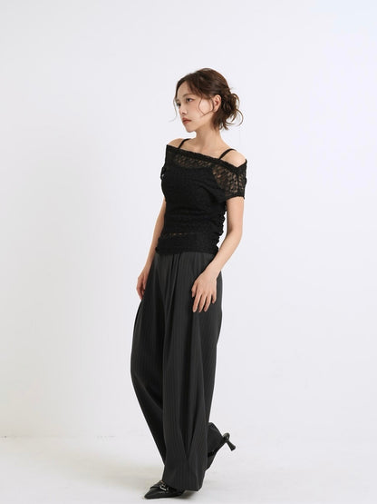 lace shirring off shoulder tops