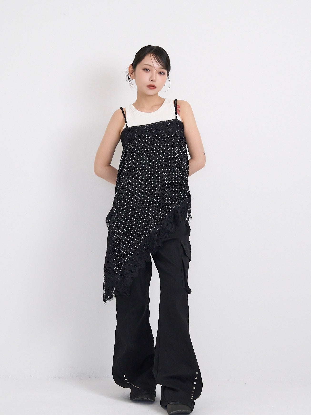 dot lace slip dress