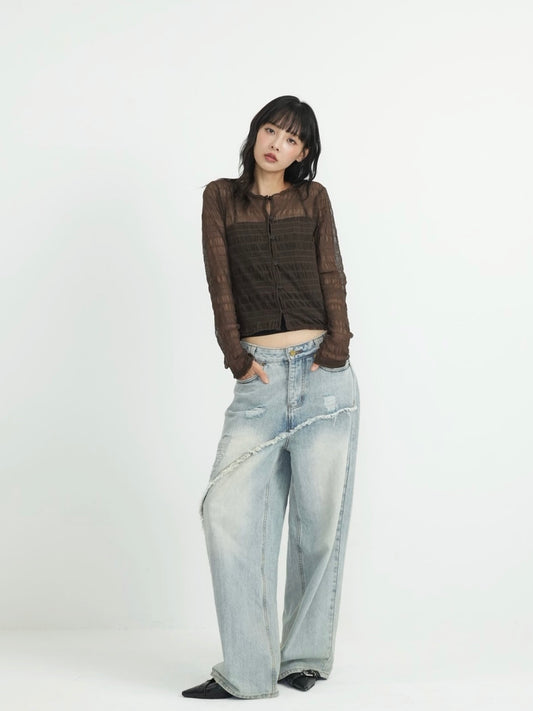 pleated mesh button cardigan