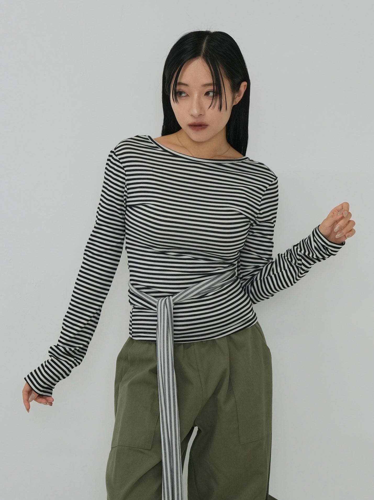 stripe waist wrap tops