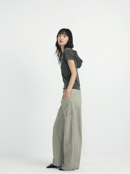 ‫low rise cargo pocket wide pants ‬