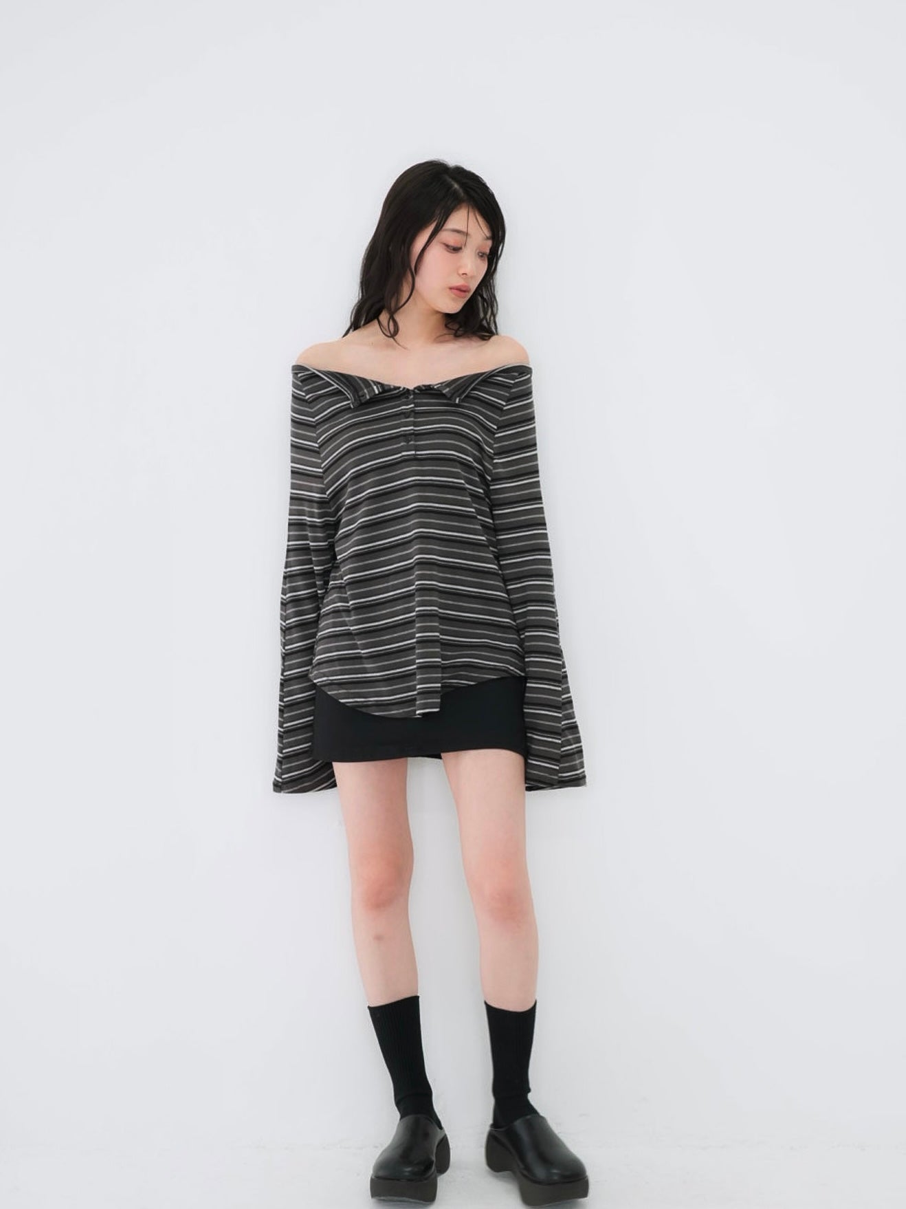 stripe button off shoulder t