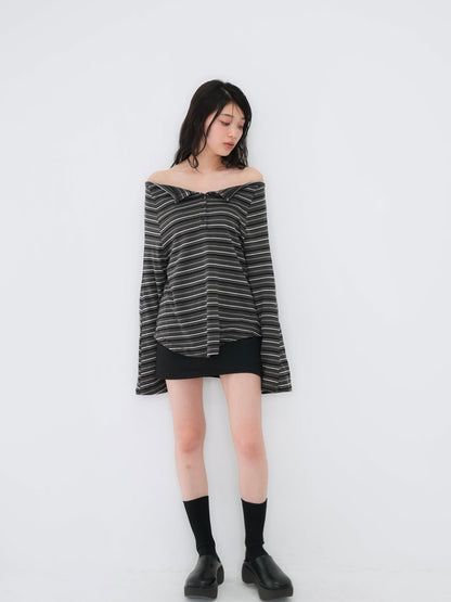 stripe button off shoulder t