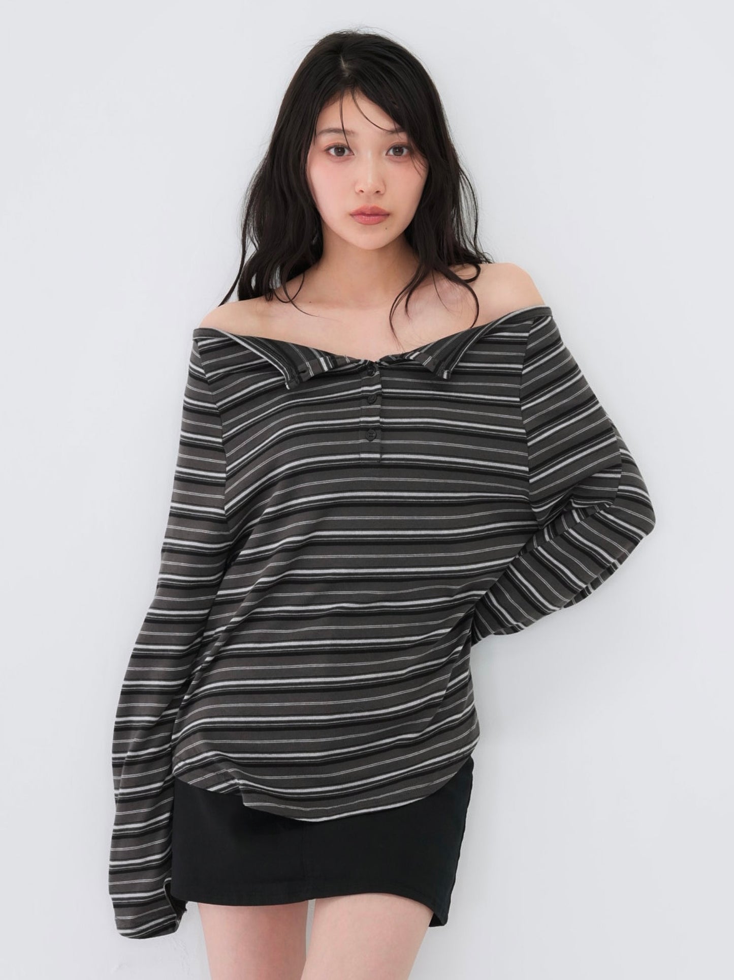 stripe button off shoulder t
