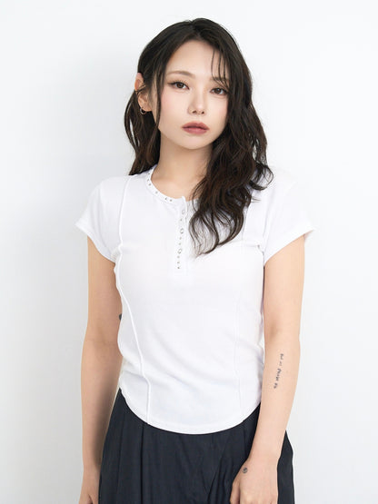 cropped stud henley tops