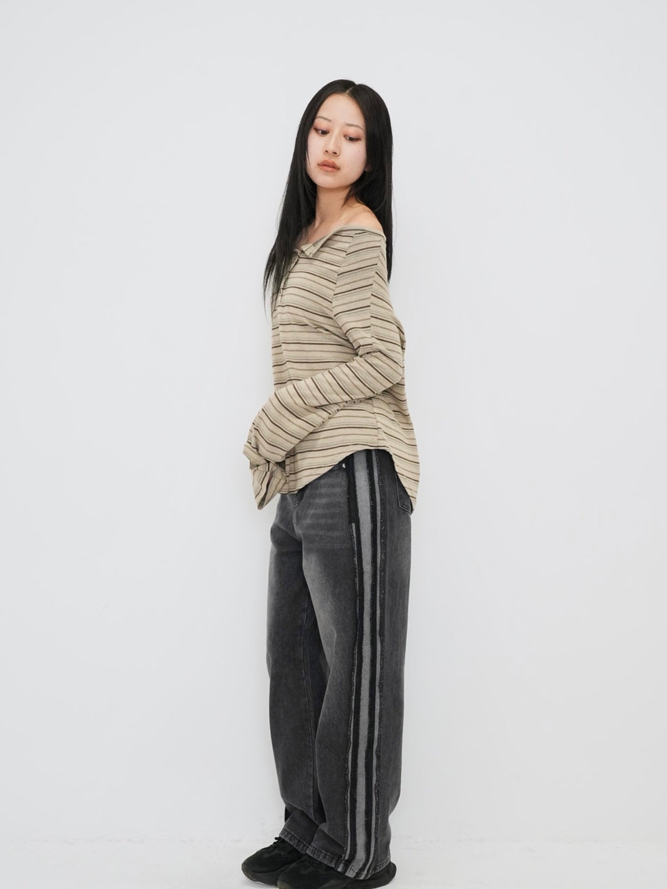 stripe button off shoulder t