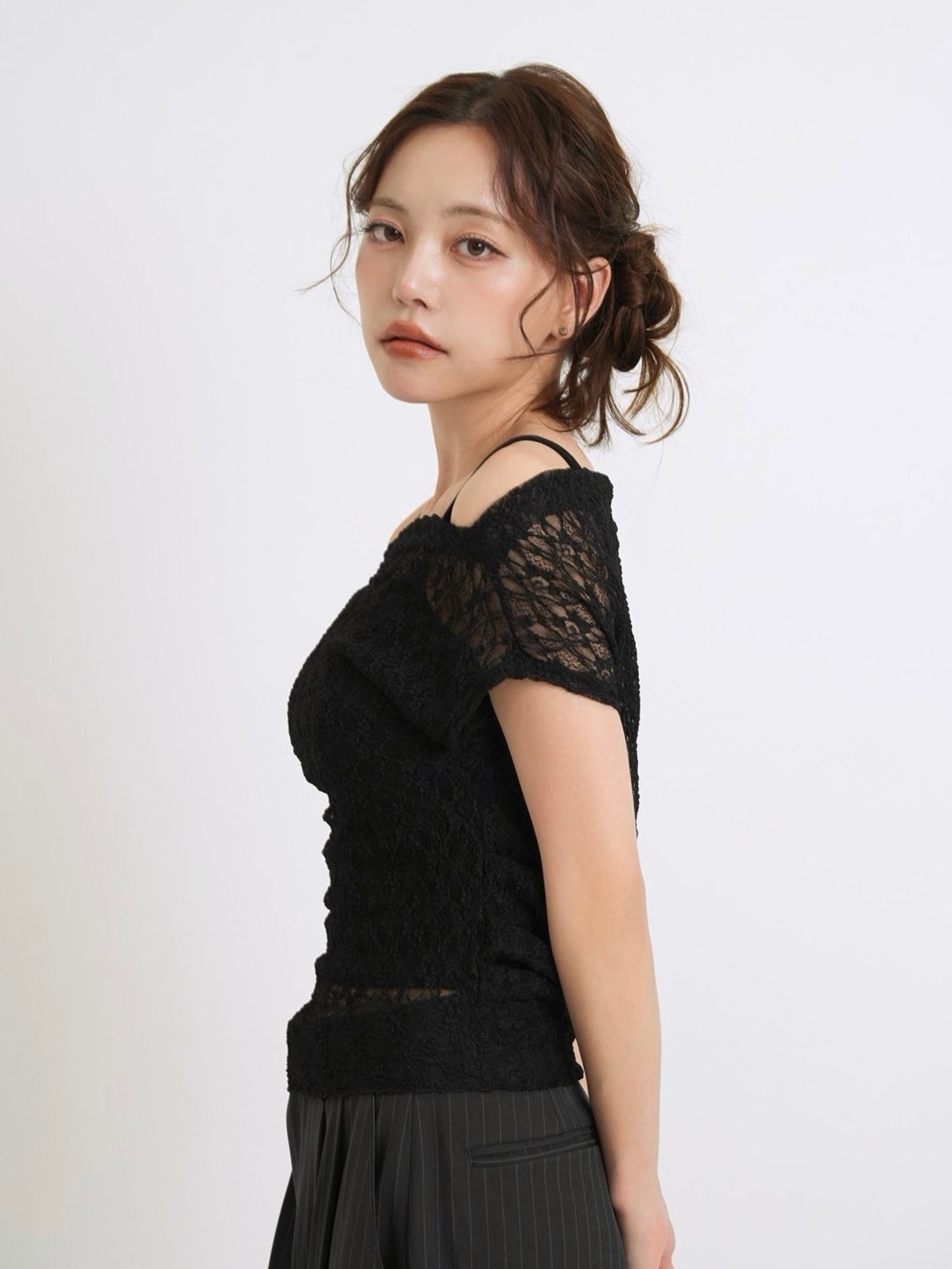 lace shirring off shoulder tops