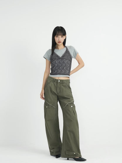 ‫low rise cargo pocket wide pants ‬