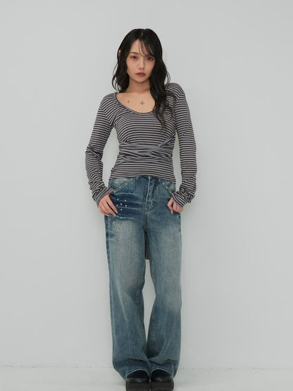 stripe waist wrap tops