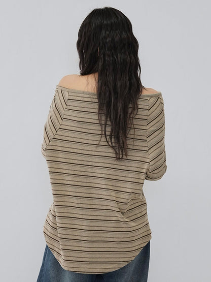 stripe button off shoulder t