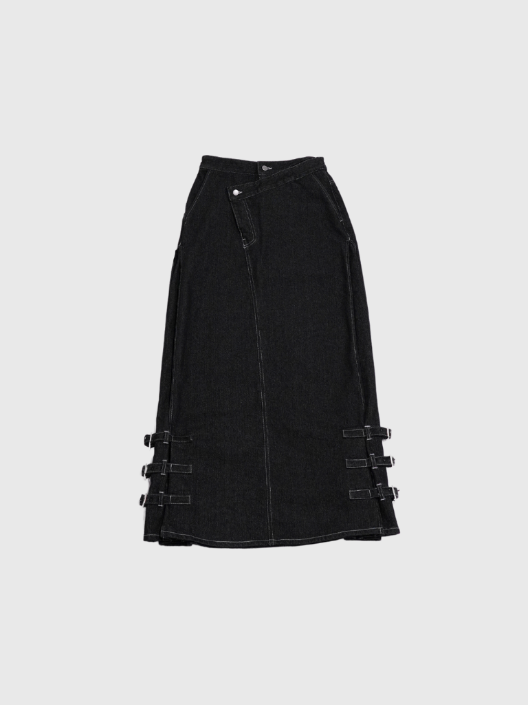 belt long denim skirt