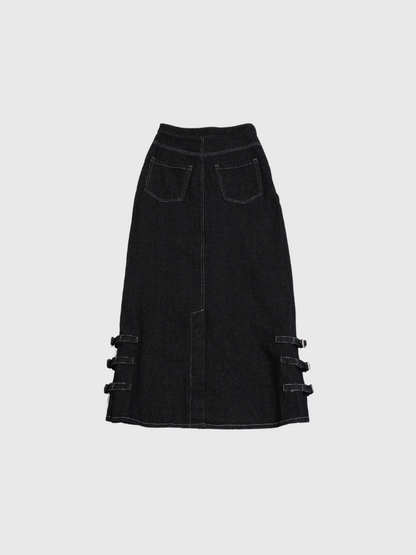 belt long denim skirt