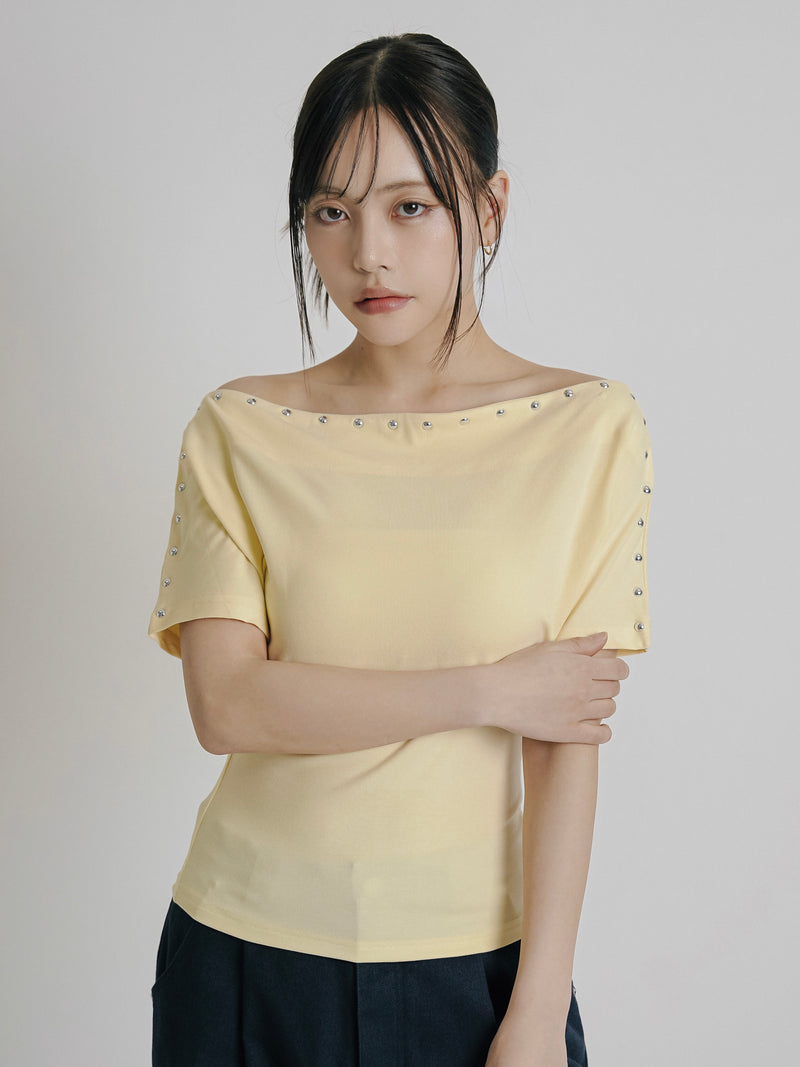 studs off shoulder half sleeve tops