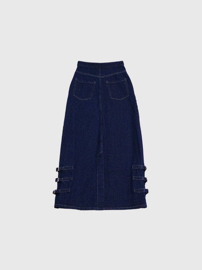 belt long denim skirt