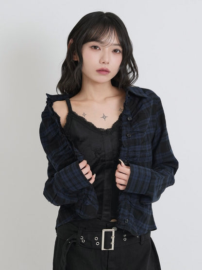 check frill blouse shirt