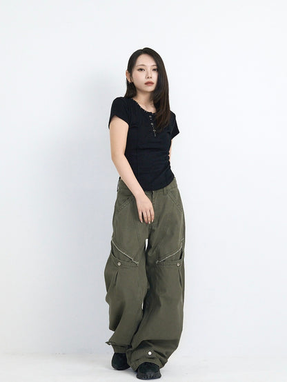 cropped stud henley tops