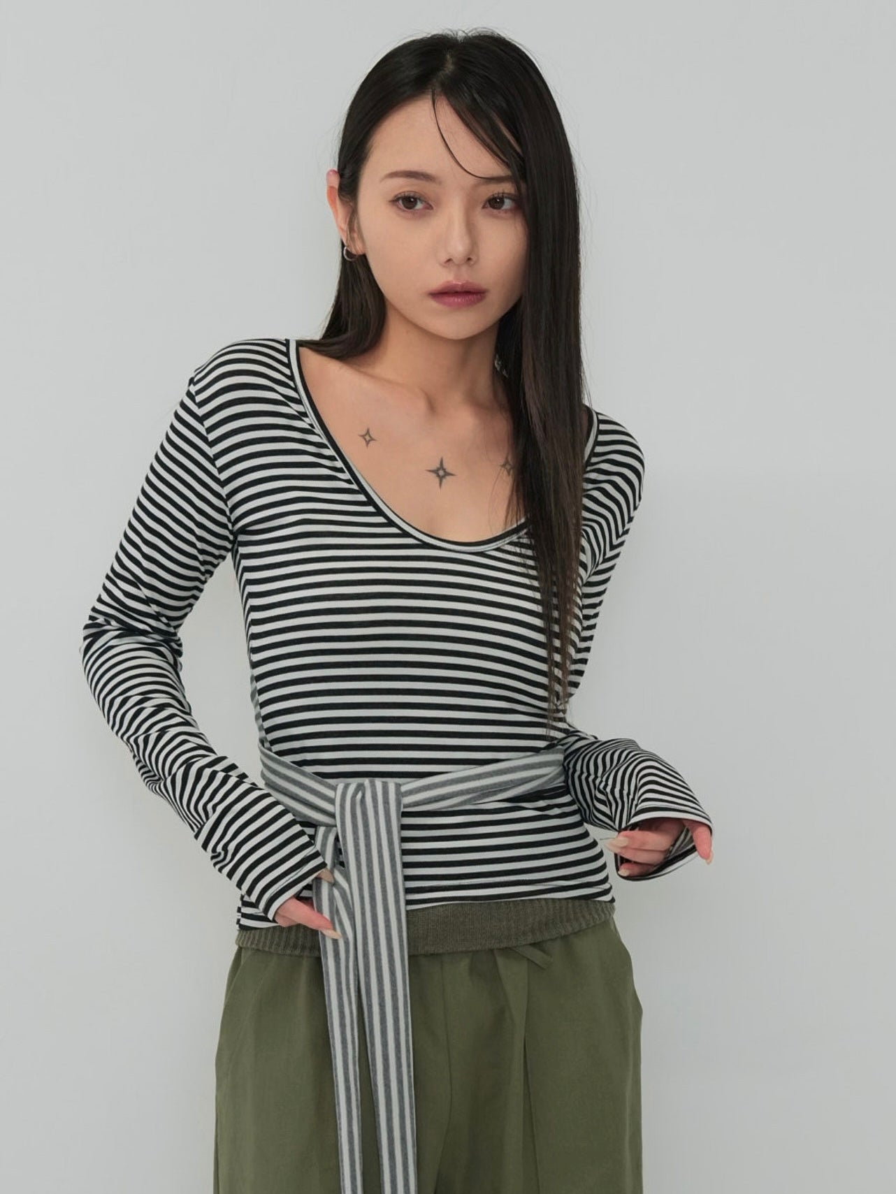 stripe waist wrap tops