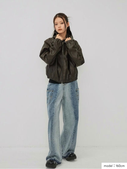 cropped hooded leather jacket