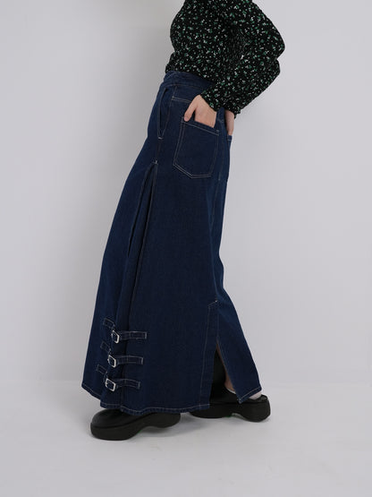 belt long denim skirt