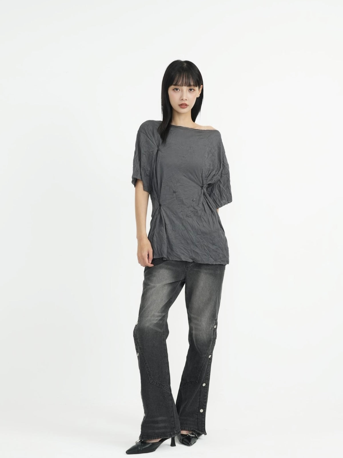 wide slit bootcut denim pants