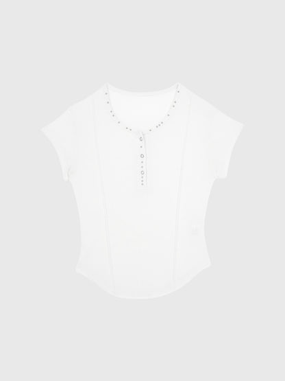 cropped stud henley tops
