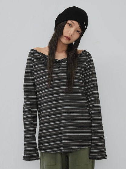 stripe button off shoulder t