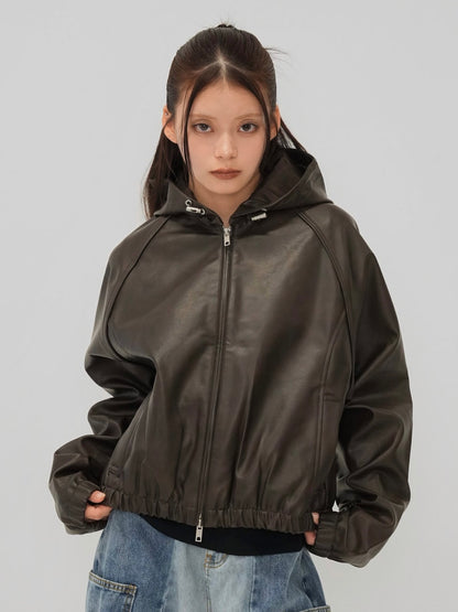 cropped hooded leather jacket